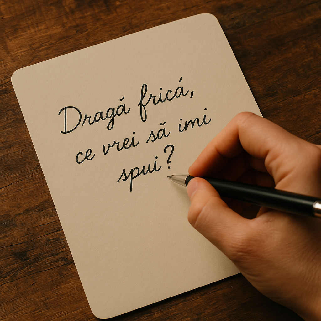 Mână scriind pe hârtie mesajul Dragă frică, ce vrei să îmi spui?